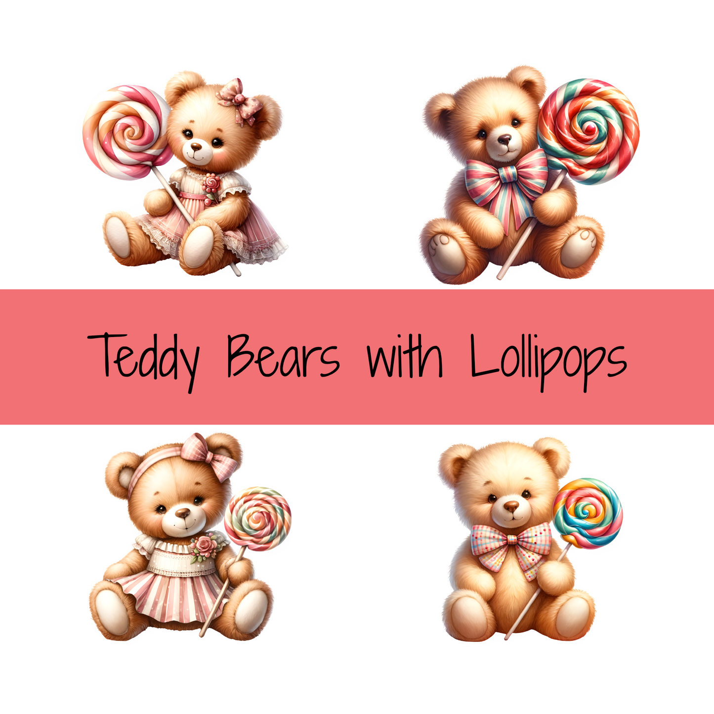 Teddy Bears with Lollipops Clipart (Instant Download)